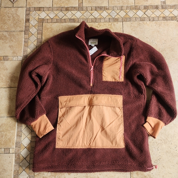 Offline Tops - aerie Offline Half Zip Sherpa Pullover - Deep Burgundy with Tan Pockets